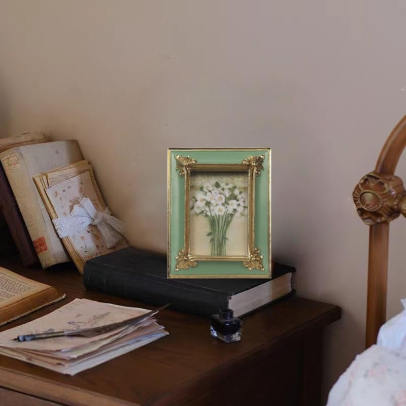 WINPLUS+ Vintage Picture frame 2.5x3.5, Luxury Antique Green Photo Frame With Golden Embossed Flower Furnishing, Retro Style Decor, Wall and Tabletop Display, Art Gallery 2.5x3.5-Green - Image 3
