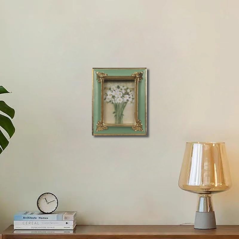 WINPLUS+ Vintage Picture frame 2.5x3.5, Luxury Antique Green Photo Frame With Golden Embossed Flower Furnishing, Retro Style Decor, Wall and Tabletop Display, Art Gallery 2.5x3.5-Green - Image 4