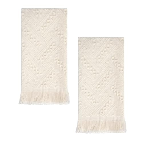YoulerTex Luxury Decorative Hand Towels Bathroom: 2 Packs 14X30 100% Cotton Turkish Absorbent Soft Face Towel Set for Boho Bathroom Decor Kitchen Hotel Spa Farmhouse Guest Tea Gift (Cream White, 14"x30") - Image 1