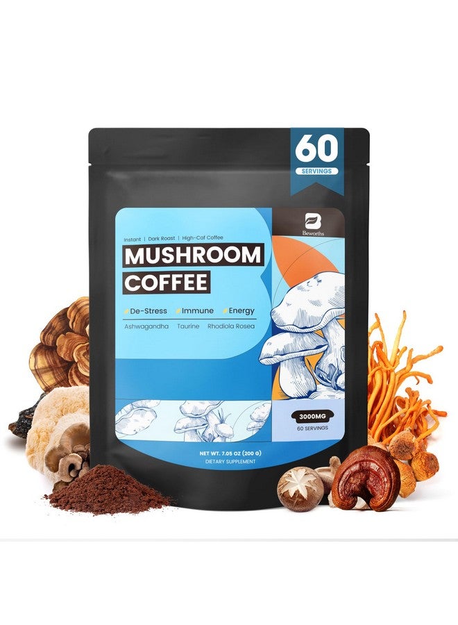 B BEWORTHS قهوة الفطر من بي بيوورثس، مسحوق قهوة الفطر مع أشواغاندا، إل-ثيانين، ذيل الأسد، ريشي، تشاجا، كورديسيبس، ذيل الديك الرومي، جنسنغ - قهوة عربية سريعة التحضير لدعم المناعة، الدماغ، والتركيز - Image 1