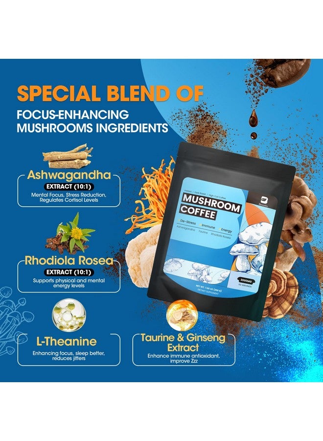 B BEWORTHS قهوة الفطر من بي بيوورثس، مسحوق قهوة الفطر مع أشواغاندا، إل-ثيانين، ذيل الأسد، ريشي، تشاجا، كورديسيبس، ذيل الديك الرومي، جنسنغ - قهوة عربية سريعة التحضير لدعم المناعة، الدماغ، والتركيز - Image 3