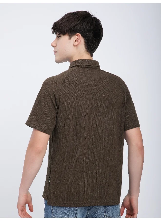 بيونغ Brown Raglan Sleeve Zipper Polo T-Shirt For Men