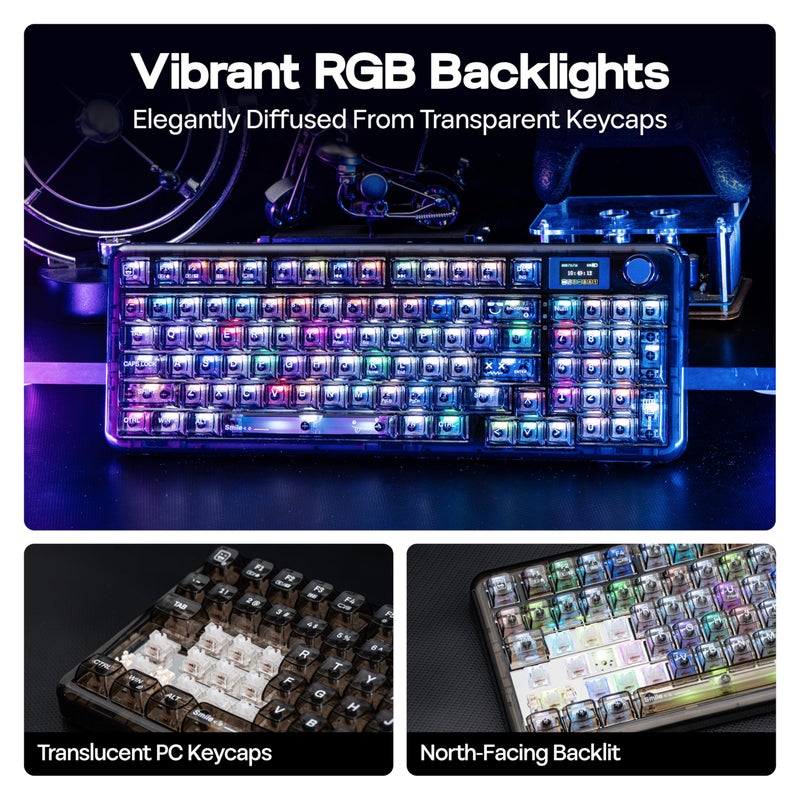 MechLands Aula F-NB98 Transparent Keyboard with RGB Backlits, 3 Modes Wireless Mechanical Keyboard with Display Screen, 8000mAh Battery, Shine Through Keycaps, Creamy Gasket, 1800 Layout (Black) - Image 5