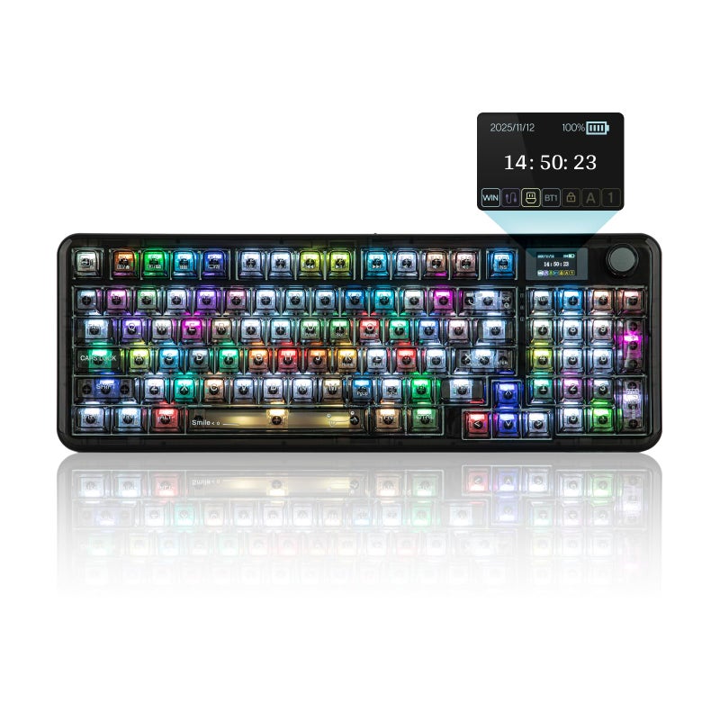 MechLands Aula F-NB98 Transparent Keyboard with RGB Backlits, 3 Modes Wireless Mechanical Keyboard with Display Screen, 8000mAh Battery, Shine Through Keycaps, Creamy Gasket, 1800 Layout (Black) - Image 1