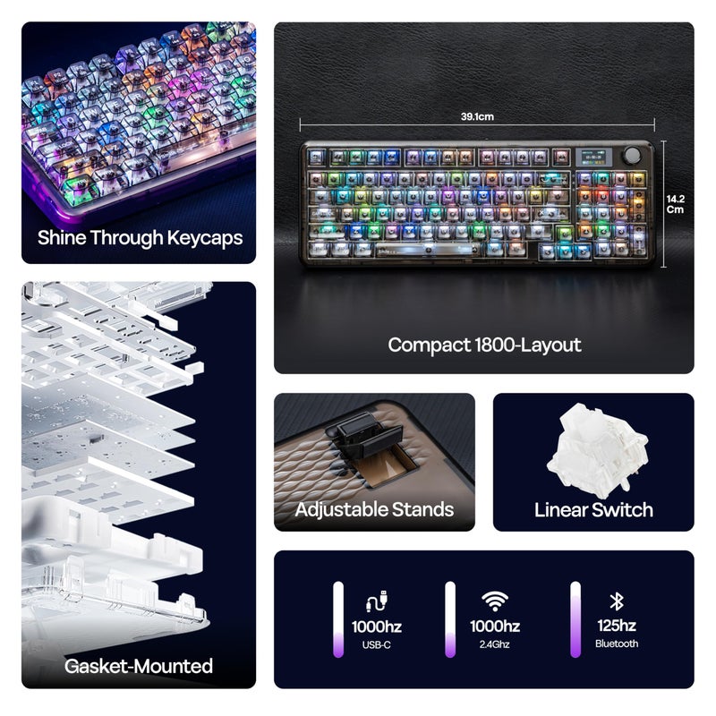 MechLands Aula F-NB98 Transparent Keyboard with RGB Backlits, 3 Modes Wireless Mechanical Keyboard with Display Screen, 8000mAh Battery, Shine Through Keycaps, Creamy Gasket, 1800 Layout (Black) - Image 3