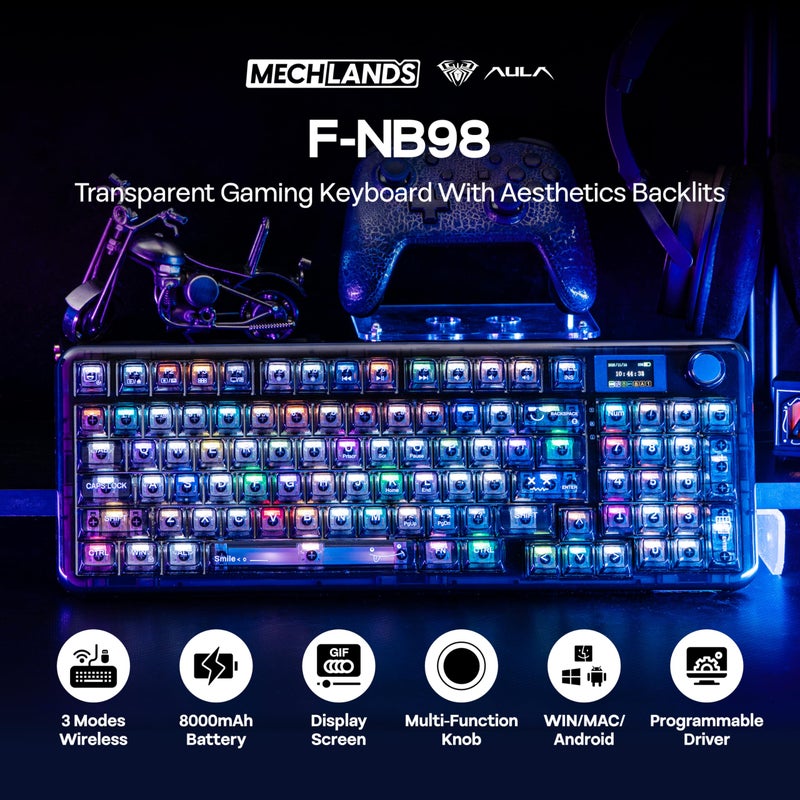 MechLands Aula F-NB98 Transparent Keyboard with RGB Backlits, 3 Modes Wireless Mechanical Keyboard with Display Screen, 8000mAh Battery, Shine Through Keycaps, Creamy Gasket, 1800 Layout (Black) - Image 2