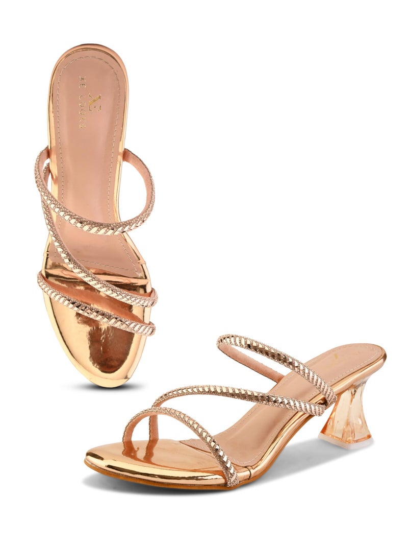 XE Looks Gold Heels for Women | Glossy Finish | Criss-Cross Silver Embellished Straps | Comfortable Block Heel Sandals for Girls - Image 1