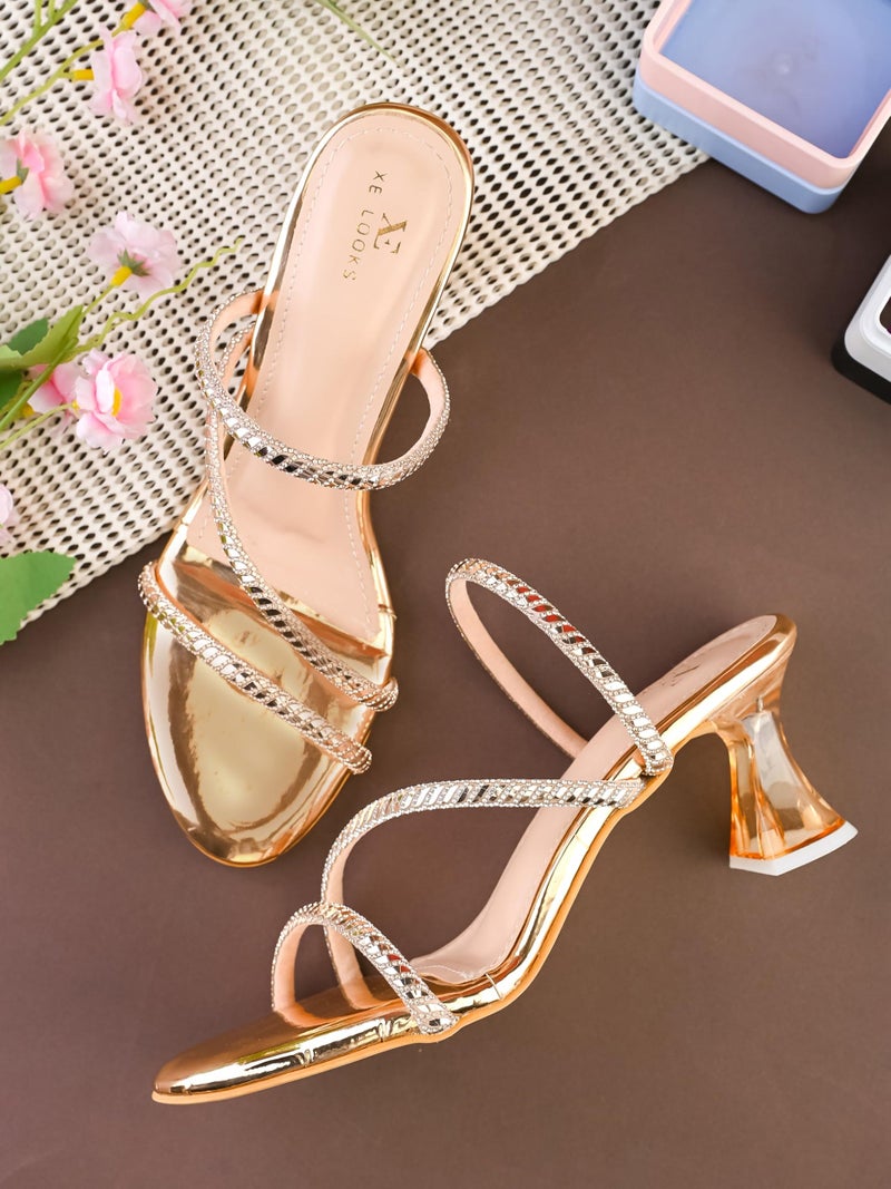 XE Looks Gold Heels for Women | Glossy Finish | Criss-Cross Silver Embellished Straps | Comfortable Block Heel Sandals for Girls - Image 2