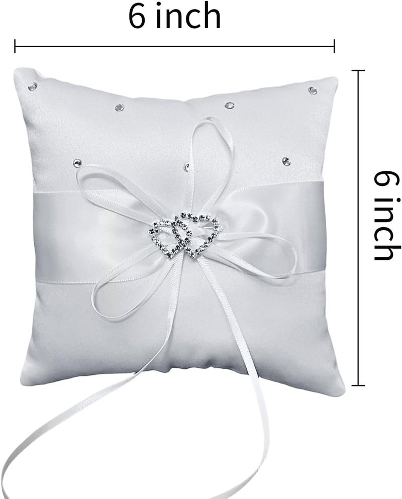 COSLANLEE Wedding Ring Bearer Pillow, White Satin with Crystal Double Hearts for Beach Proposal Ceremony Party 6 x 6 inches - Image 2