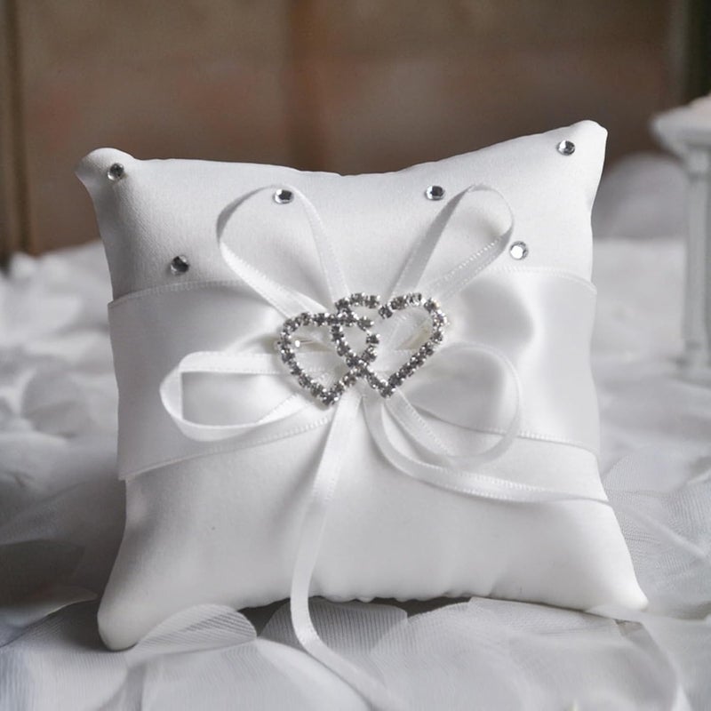 COSLANLEE Wedding Ring Bearer Pillow, White Satin with Crystal Double Hearts for Beach Proposal Ceremony Party 6 x 6 inches - Image 1