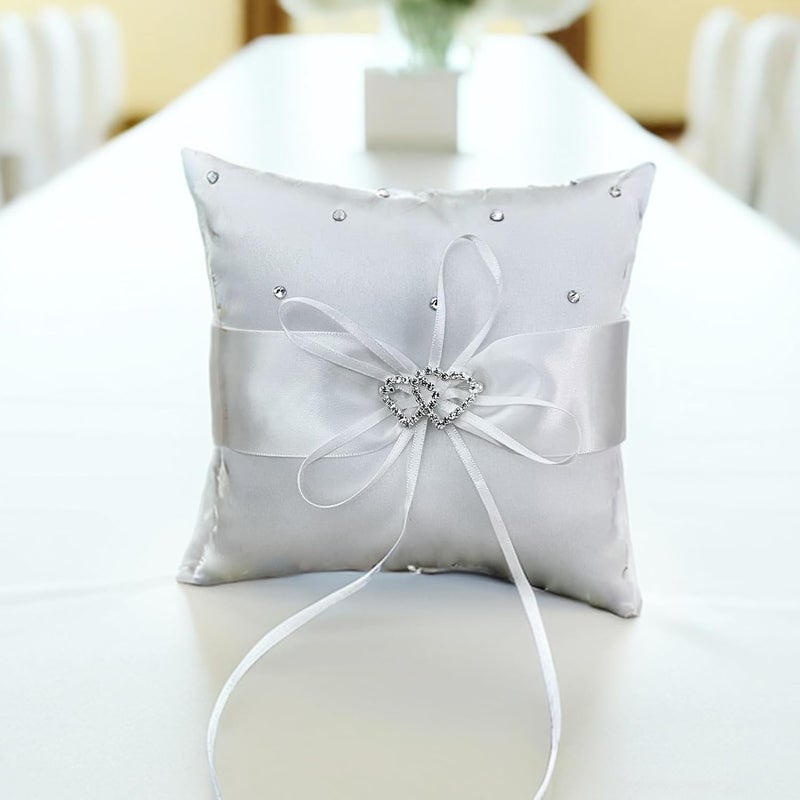 COSLANLEE Wedding Ring Bearer Pillow, White Satin with Crystal Double Hearts for Beach Proposal Ceremony Party 6 x 6 inches - Image 4