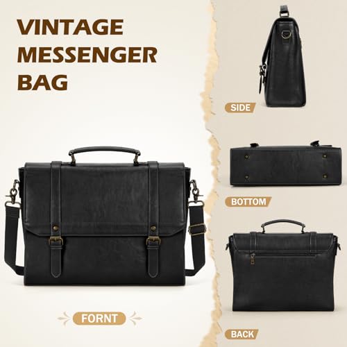 IGOLUMON Messenger Bag for Men 15.6 inch Vintage Leather Waterproof Laptop Briefcase for Men Large Computer Laptop Bag Leather Satchel Bag Retro Shoulder Bag for Office Business Travel College, Black - Image 5