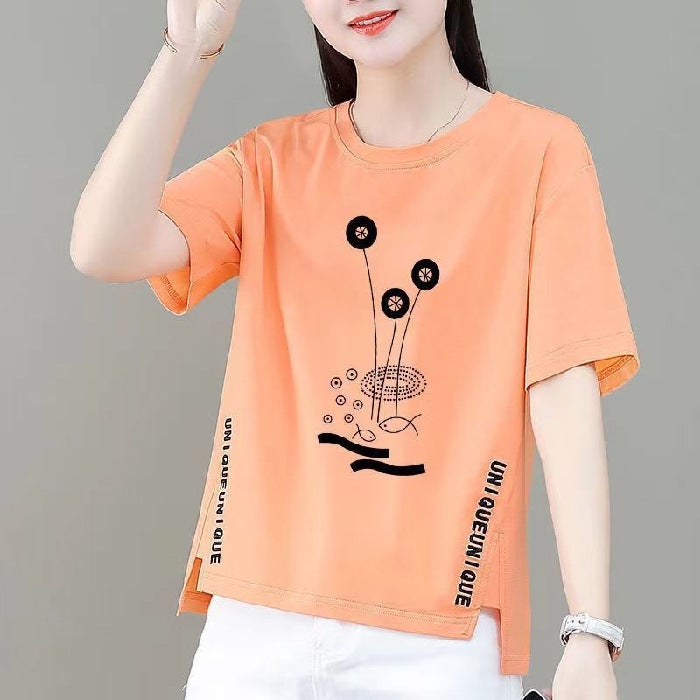 Factory wholesale special spike summer New irregular printing short sleeve t-shirt womens front short back long T-shirt top Orange [Lotus]]  - Image 1