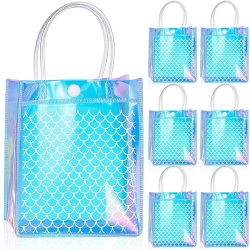 Ribbonlic 24 Pcs Mermaid Clear Gift Bags, Mermaids Party Favor Bags Mermaid PVC Gift Candy Treat Bag for Themed Birthday Party Supplies Favors - Image 1