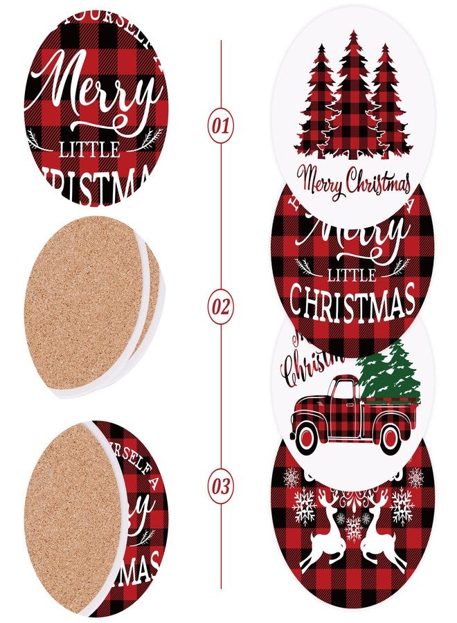 وولاين مجموعة قواعد أكواب "عيد ميلاد سعيد" من والين، 4 قطع، بنقشة مربعات الجاموس باللونين الأحمر والأسود، مزينة بشجرة عيد الميلاد وشاحنة وغزال الرنة. مصنوعة من السيراميك الماص، مثالية لتزيين الأكواب والأكواب في المنزل والمطبخ والمكتب وطاولات الحفلات. - Image 2