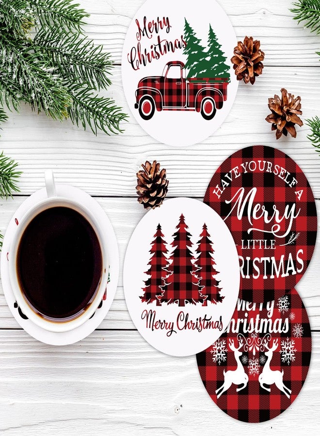 وولاين مجموعة قواعد أكواب "عيد ميلاد سعيد" من والين، 4 قطع، بنقشة مربعات الجاموس باللونين الأحمر والأسود، مزينة بشجرة عيد الميلاد وشاحنة وغزال الرنة. مصنوعة من السيراميك الماص، مثالية لتزيين الأكواب والأكواب في المنزل والمطبخ والمكتب وطاولات الحفلات. - Image 4