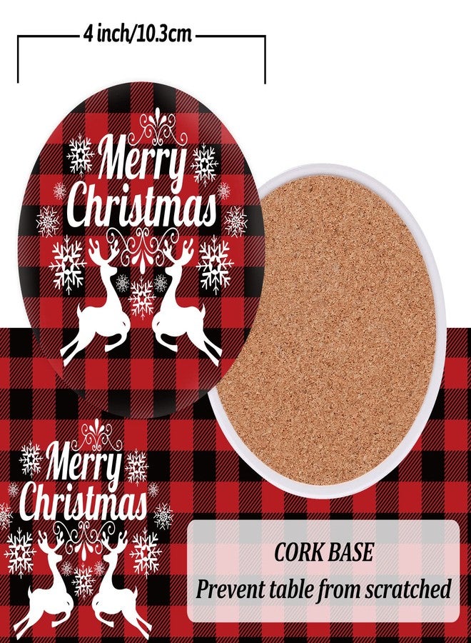 وولاين مجموعة قواعد أكواب "عيد ميلاد سعيد" من والين، 4 قطع، بنقشة مربعات الجاموس باللونين الأحمر والأسود، مزينة بشجرة عيد الميلاد وشاحنة وغزال الرنة. مصنوعة من السيراميك الماص، مثالية لتزيين الأكواب والأكواب في المنزل والمطبخ والمكتب وطاولات الحفلات. - Image 3