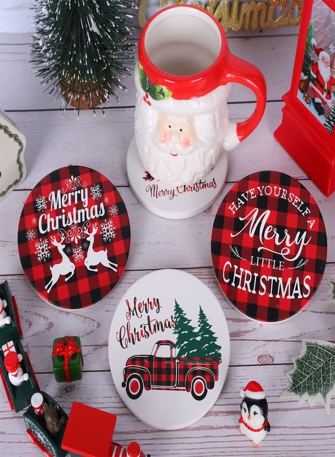 وولاين مجموعة قواعد أكواب "عيد ميلاد سعيد" من والين، 4 قطع، بنقشة مربعات الجاموس باللونين الأحمر والأسود، مزينة بشجرة عيد الميلاد وشاحنة وغزال الرنة. مصنوعة من السيراميك الماص، مثالية لتزيين الأكواب والأكواب في المنزل والمطبخ والمكتب وطاولات الحفلات. - Image 5