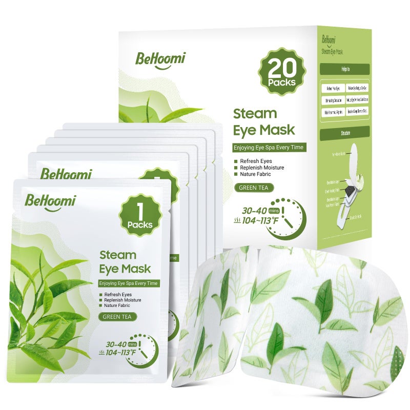 BeHoomi 20 Packs Steam Eye Mask, Heated Eye Mask Warm Compress for Eyes, Disposable Self Heating Steam Mask Sleep, Spa, Travel Essentials & Relaxation Gifts for Women, Stocking Stuffers (Green Tea) - Image 1