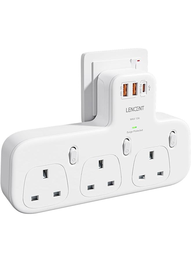 Lencent LENCENT 3 Way Plug Extension with PD 20W USB-C & 2 USB-A QC 3.0, Multi Plug Adaptor UK with Individual Switches, Surge Protected Plug Extender Wall Socket for Home, Kitchen, Office, 13A 3250W  - Image 1