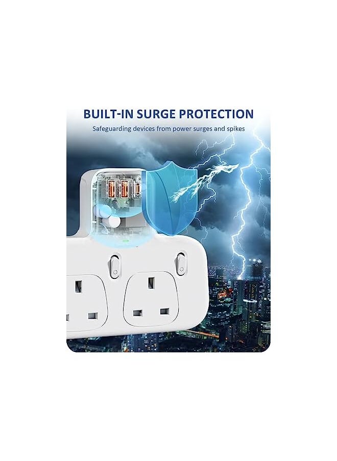 Lencent LENCENT 3 Way Plug Extension with PD 20W USB-C & 2 USB-A QC 3.0, Multi Plug Adaptor UK with Individual Switches, Surge Protected Plug Extender Wall Socket for Home, Kitchen, Office, 13A 3250W  - Image 3