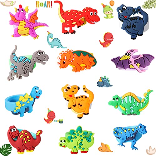 Chalyna 24 Packs Dinosaur Rubber Rings Soft Dino Cupcake Ring Dinosaur Cupcake Topper Bulk for Boys Kids Birthday Christmas Party Favors Supplies Gift - Image 1