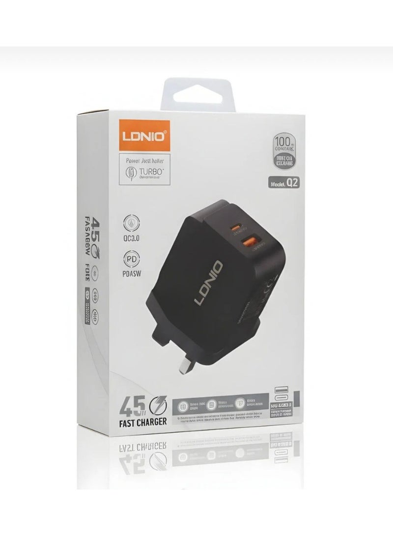 لدنيو شاحن حائط PD بقدرة 45 وات مع منفذ QC3.0 ومنفذ USB ونوع C ومقبس توصيل محمول سريع الشحن عالمي في المملكة المتحدة مع حماية متعددة الوظائف لهاتف Apple Huawei Xiaomi Samsung، أسود - Image 2