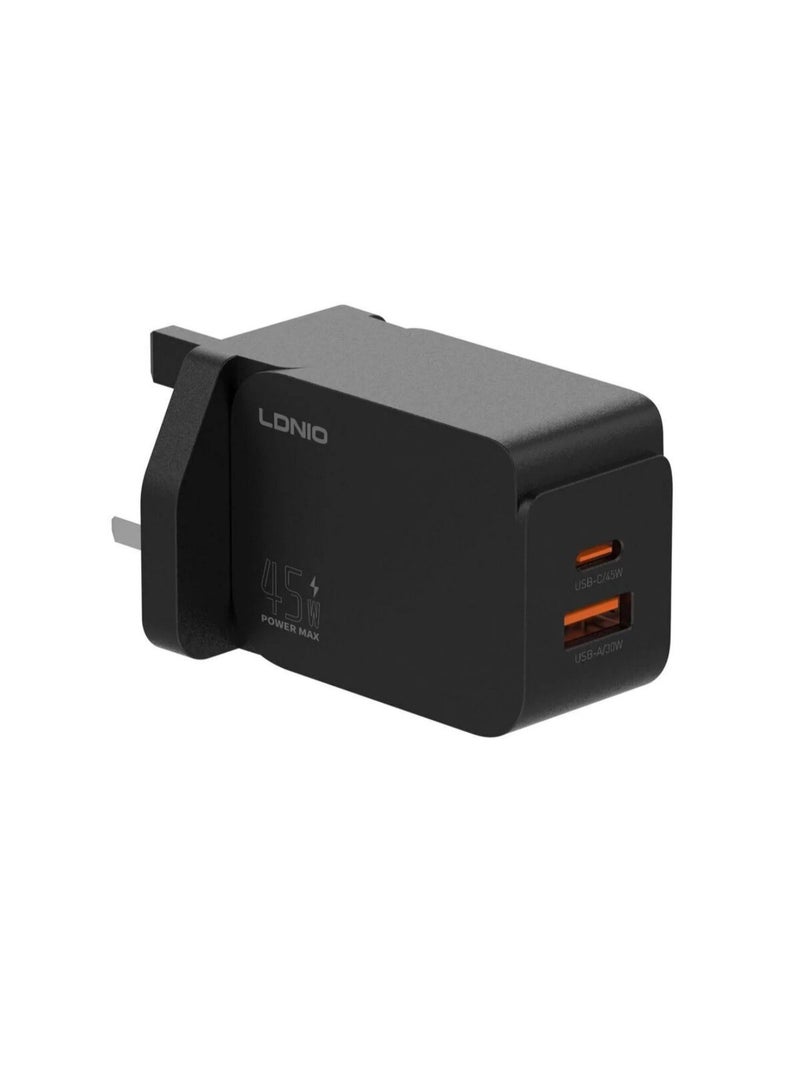 لدنيو شاحن حائط PD بقدرة 45 وات مع منفذ QC3.0 ومنفذ USB ونوع C ومقبس توصيل محمول سريع الشحن عالمي في المملكة المتحدة مع حماية متعددة الوظائف لهاتف Apple Huawei Xiaomi Samsung، أسود - Image 1