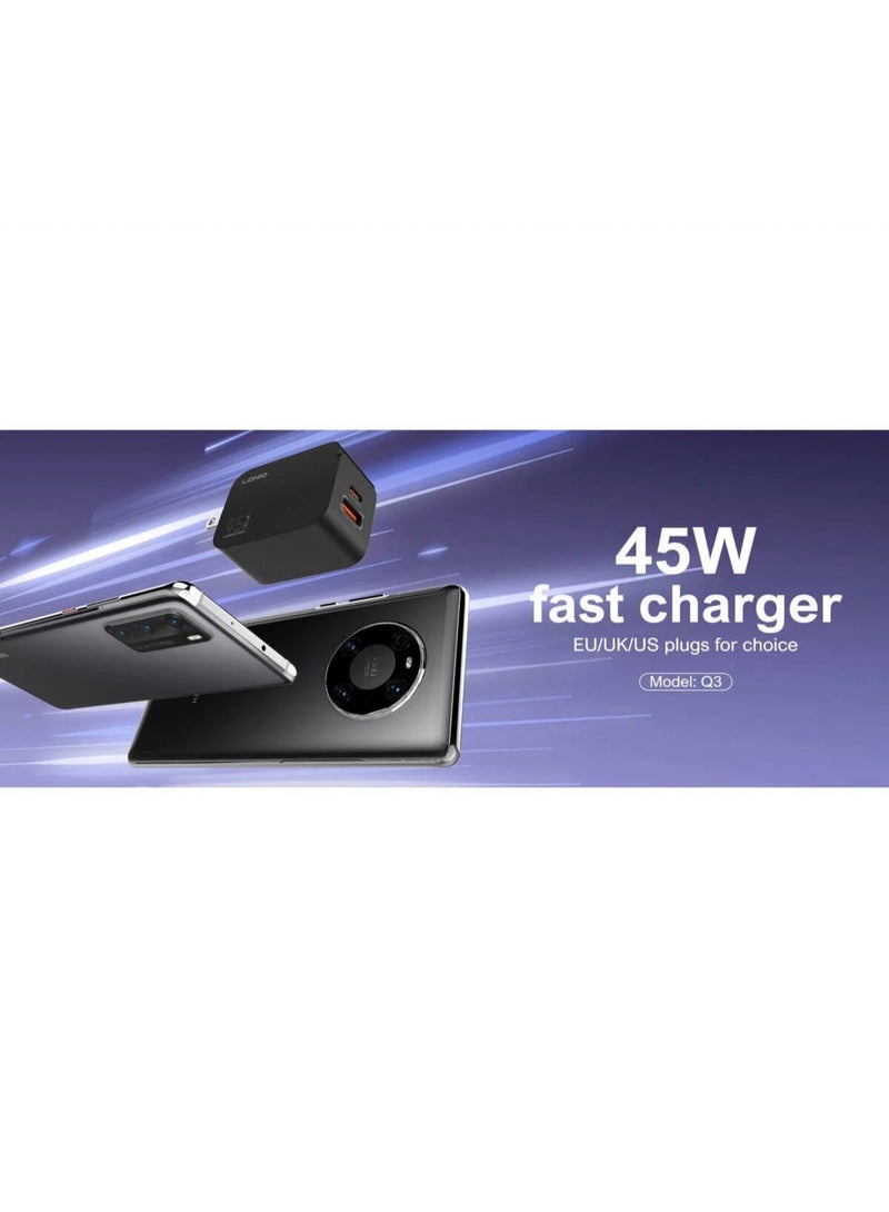 لدنيو شاحن حائط PD بقدرة 45 وات مع منفذ QC3.0 ومنفذ USB ونوع C ومقبس توصيل محمول سريع الشحن عالمي في المملكة المتحدة مع حماية متعددة الوظائف لهاتف Apple Huawei Xiaomi Samsung، أسود - Image 3