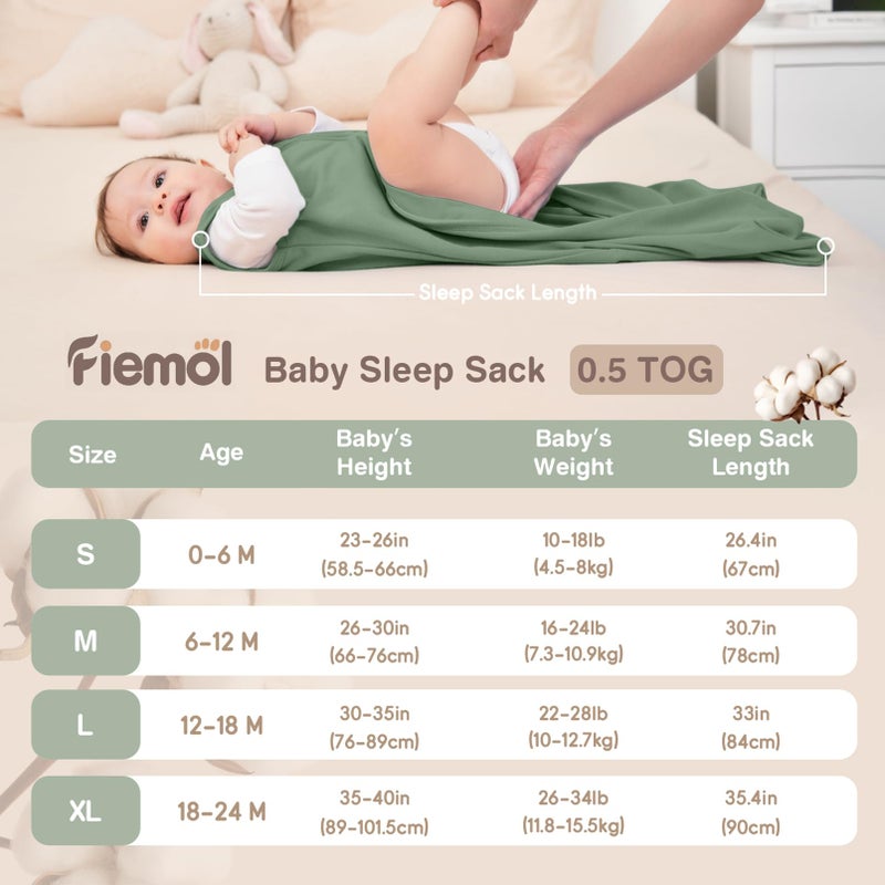 FIEMOL Baby Sleep Sack 12-18 Months, 100% Cotton Sleeping Sack for Newborn and Infant, 3 Pack Baby Wearable Blanket, 0.5 Tog Lightweight Double Zipper Sleep Bag Cyan - Image 4