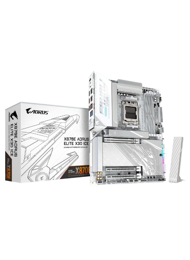 GIGABYTE X870E AORUS ELITE X3D ICE ATX Motherboard – AMD AM5 Socket, X870E Chipset, 16+2+2 Twin Digital VRM, DDR5 Up to 256GB 9000MT/s OC, 4x M.2 (2x PCIe 5.0 + 2x PCIe 4.0), PCIe 5.0 x16 UD Slot X, WiFi 7 + 5GbE LAN, Dual USB4 40Gbps Type-C, HDMI, Sensor Panel Link, RGB, EZ-Latch, White ICE Edition - Image 1