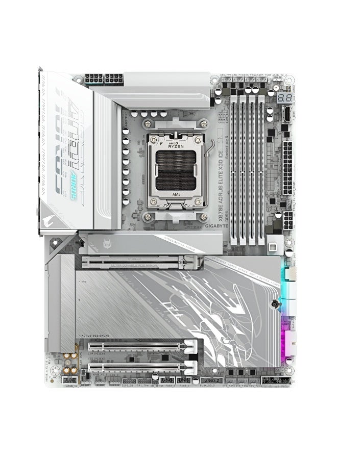 GIGABYTE X870E AORUS ELITE X3D ICE ATX Motherboard – AMD AM5 Socket, X870E Chipset, 16+2+2 Twin Digital VRM, DDR5 Up to 256GB 9000MT/s OC, 4x M.2 (2x PCIe 5.0 + 2x PCIe 4.0), PCIe 5.0 x16 UD Slot X, WiFi 7 + 5GbE LAN, Dual USB4 40Gbps Type-C, HDMI, Sensor Panel Link, RGB, EZ-Latch, White ICE Edition - Image 2