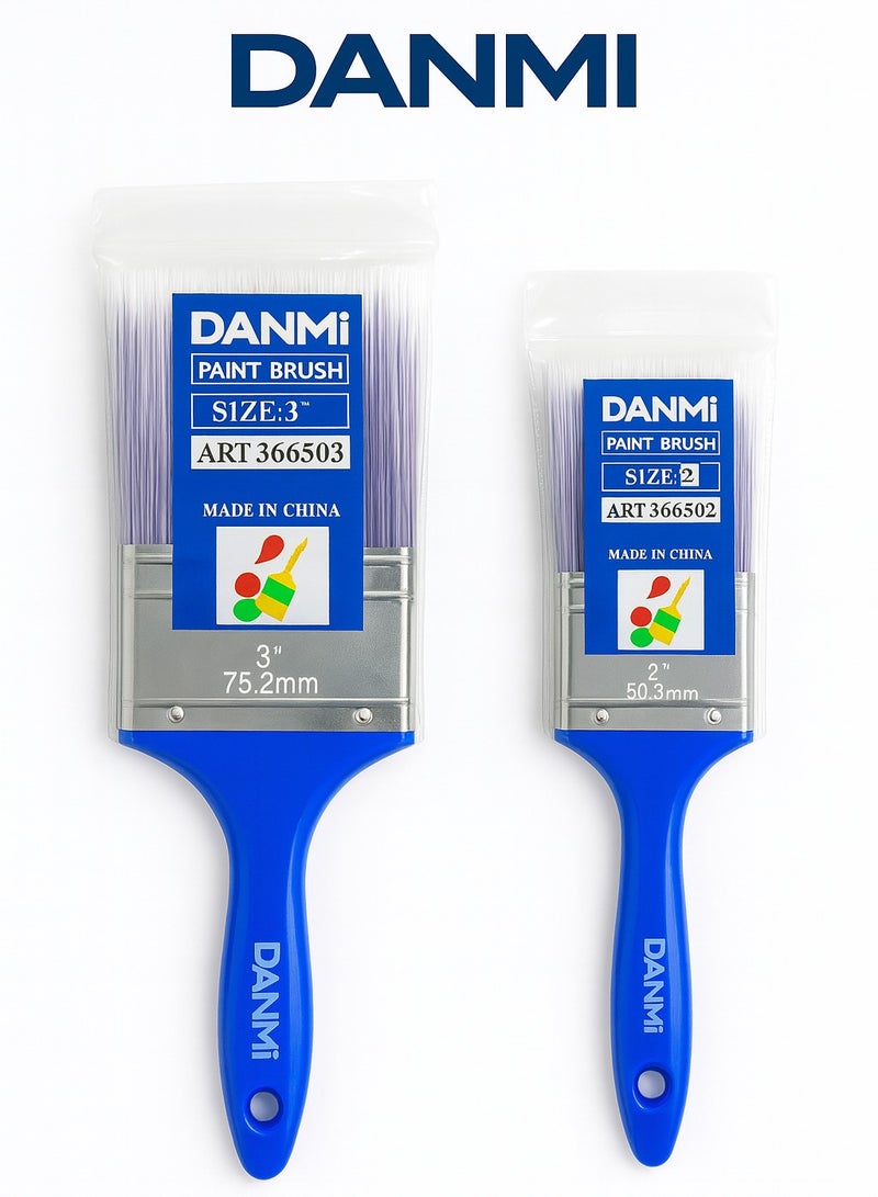 DANMI 2-Piece – DANMI Paint Brushes (3" / 76.2 mm + 2" / 50.8 mm) – Blue Plastic Handles with Metal Ferrules, Dual Rivets – ART:360503 + ART:360502 – Made in China - Image 1