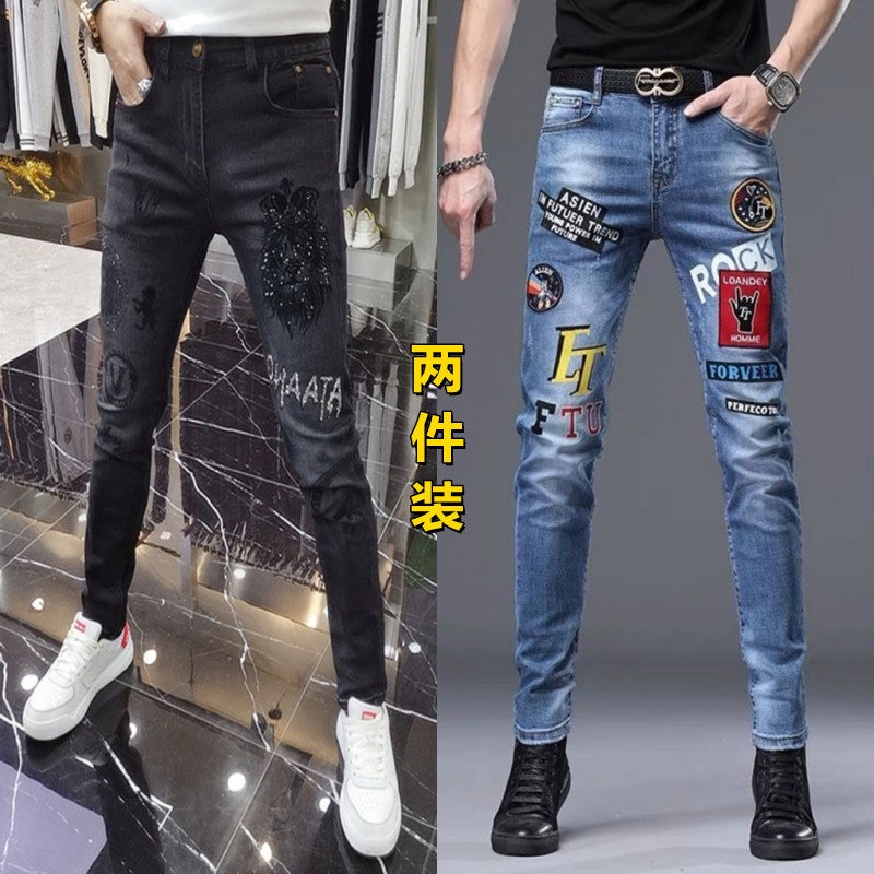 European Stretch Jeans Men'S Drilling Printed Trendy Brand Handsome Casual Slim-Fit Long Pants - Image 1