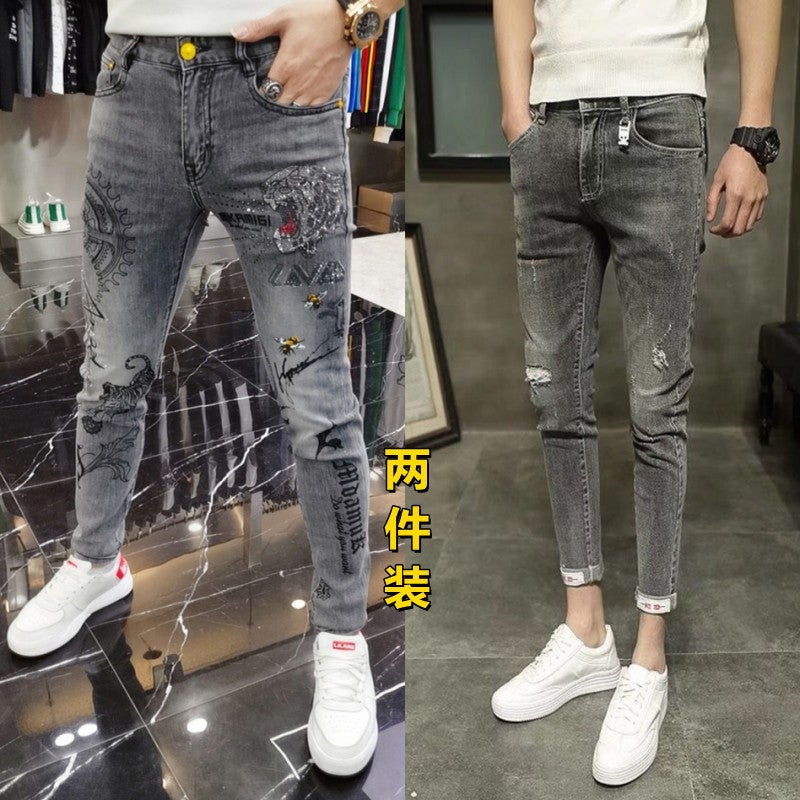 European Stretch Jeans Men'S Drilling Printed Trendy Brand Handsome Casual Slim-Fit Long Pants - Image 4