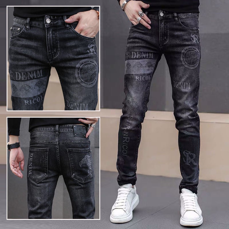 European Stretch Jeans Men'S Drilling Printed Trendy Brand Handsome Casual Slim-Fit Long Pants - Image 2