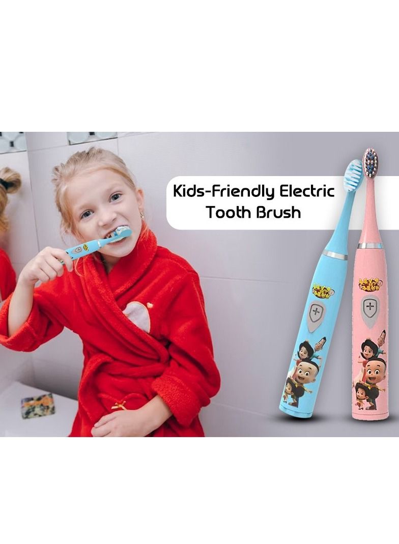 MARGOUN فرشاة أسنان كهربائية للأطفال قابلة لإعادة الشحن مطبوعة برسوم كرتونية مع رأسين بديلين للفرشاة تعمل بالبطارية باللون الوردي - Image 4