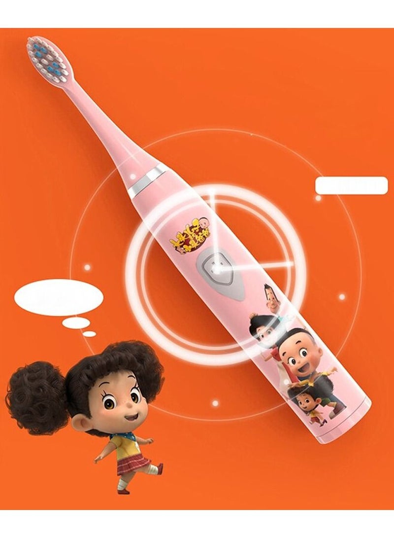 MARGOUN فرشاة أسنان كهربائية للأطفال قابلة لإعادة الشحن مطبوعة برسوم كرتونية مع رأسين بديلين للفرشاة تعمل بالبطارية باللون الوردي - Image 5