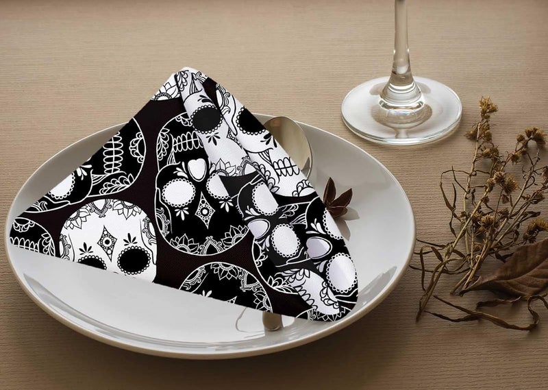 Yibeas Black and White Skull Cloth Napkins Set of 4 Soft Polyester Dinner Napkin for Family Restaurant Weddings Parties 18 x 18 inch - Image 3