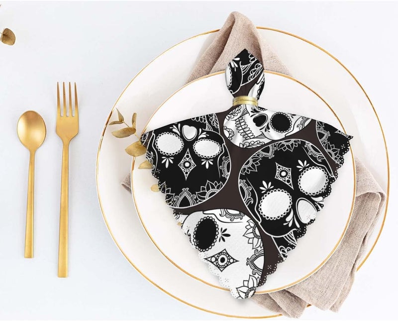 Yibeas Black and White Skull Cloth Napkins Set of 4 Soft Polyester Dinner Napkin for Family Restaurant Weddings Parties 18 x 18 inch - Image 5