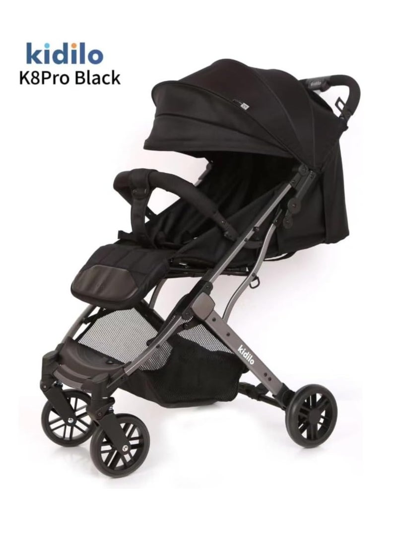 Kidilo - Kidlo K8 Pro 2-Fold Stroller with Flexible Wheels, Safety Barrier and Built-in Mosquito Net for Travel with Children from Newborn to 4 Years in Black - Image 1