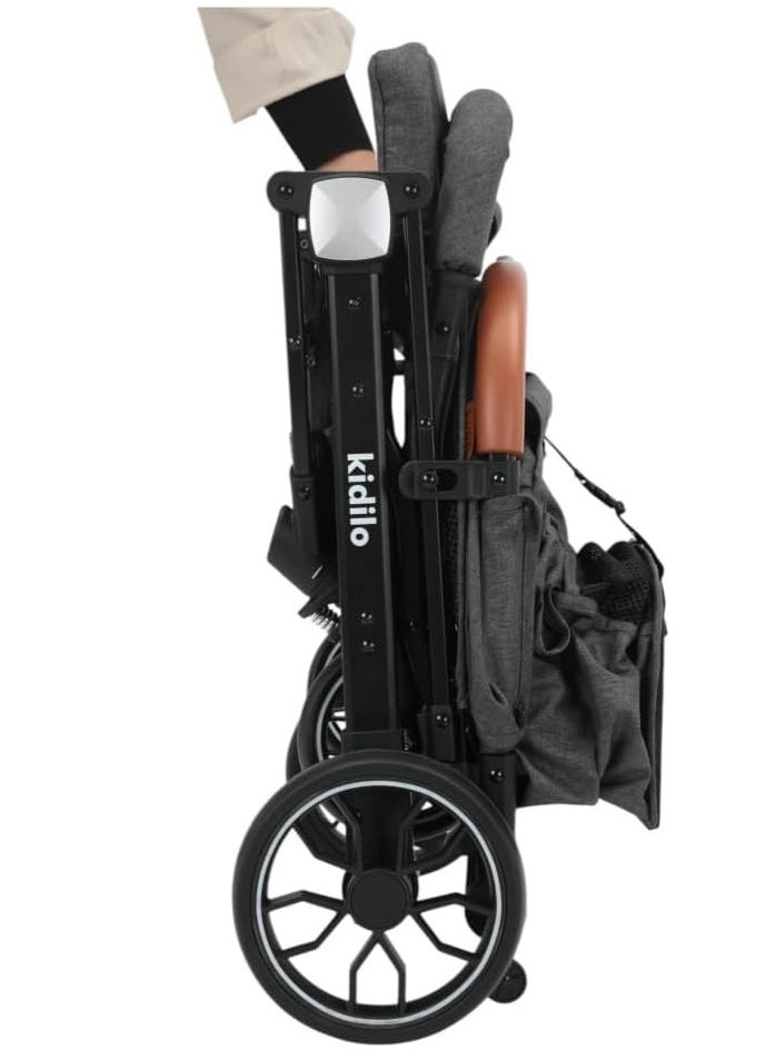 Kidilo - Kidlo K8 Pro 2-Fold Stroller with Flexible Wheels, Safety Barrier and Built-in Mosquito Net for Travel with Children from Newborn to 4 Years in Black - Image 1