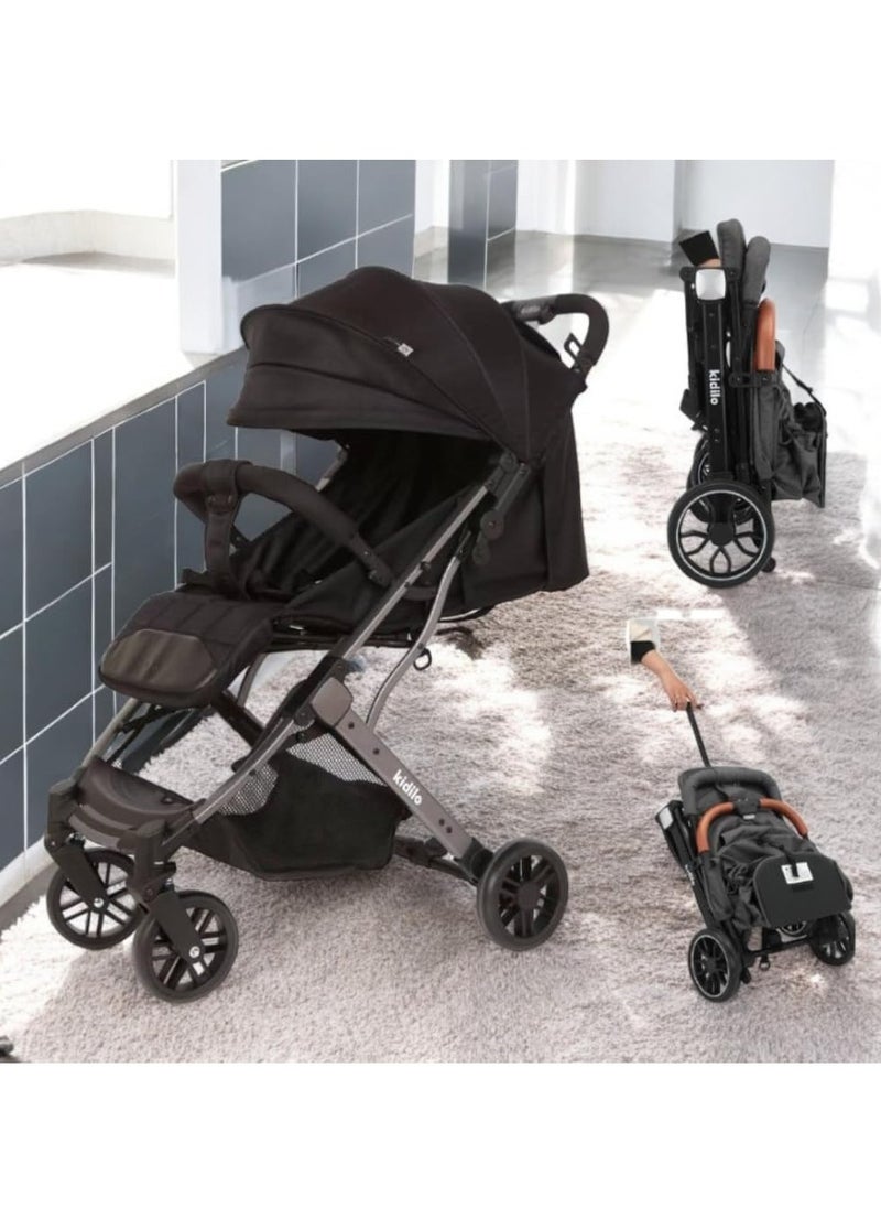 Kidilo - Kidlo K8 Pro 2-Fold Stroller with Flexible Wheels, Safety Barrier and Built-in Mosquito Net for Travel with Children from Newborn to 4 Years in Black - Image 1