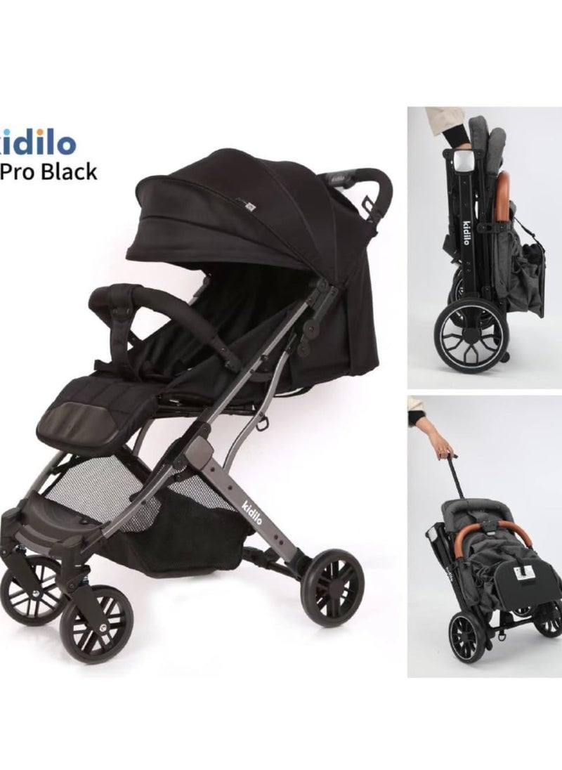 Kidilo - Kidlo K8 Pro 2-Fold Stroller with Flexible Wheels, Safety Barrier and Built-in Mosquito Net for Travel with Children from Newborn to 4 Years in Black - Image 1