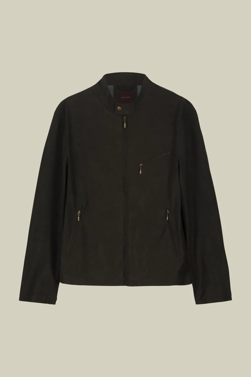 دوبل غانغر Men's biker jacket in lined faux leather with mandarin collar - Cold Brown