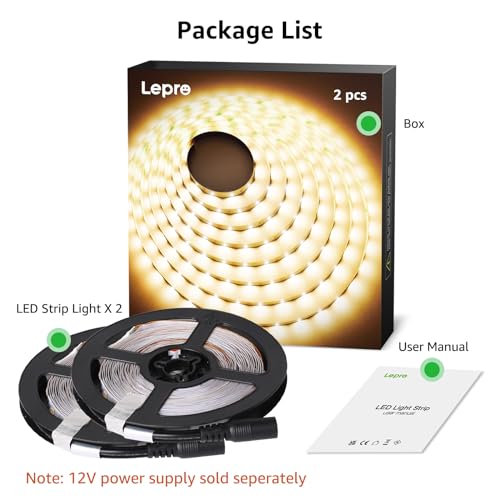 Lepro 12V LED Strip Light, Flexible, SMD 2835, 300 LEDs, 32.8ft Tape Light for Home, Kitchen, Party, Christmas and More, Non-Waterproof, Warm White, Pack of 2(Not Include Power Adapter) - Image 5