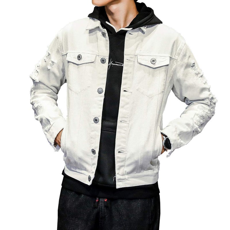 DAVIDANN Mens Distressed Jean Coat Ripped Holes Button Down Denim Casual Trucker Jacket OuterwearWhiteMedium