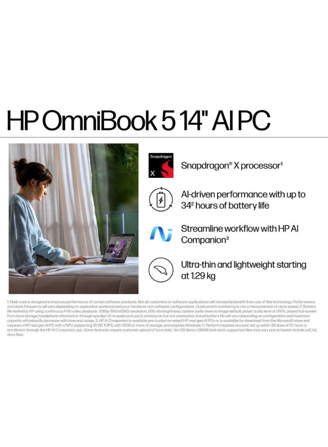 HP OmniBook 5 Laptop Next Gen AI 14-he0001nx Laptop With 14 Inch 2K (1920x1200) Display, Snapdragon X X1-26-100 Processor/16GB RAM DDR5/512GB SSD/Windows 11 Home/Qualcomm Adreno Graphics/ Glacier Silver - Image 5