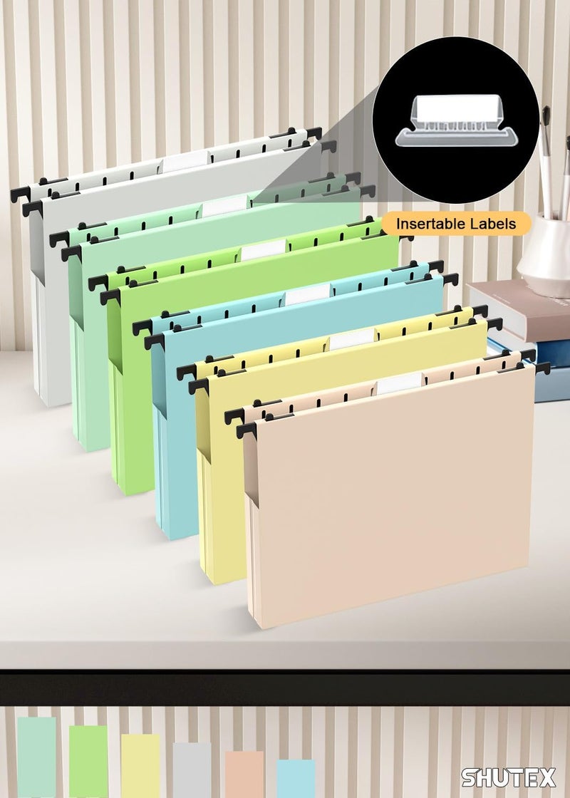 SHUTEX Extra Capacity Plastic Hanging File Folder,12 Pack Reinforced Hang Folders Letter Size, Heavy Duty 1'' Expansion, Filing Cabinet Folders for Bulk Files, Medical Charts, Pastel Colors - Image 5