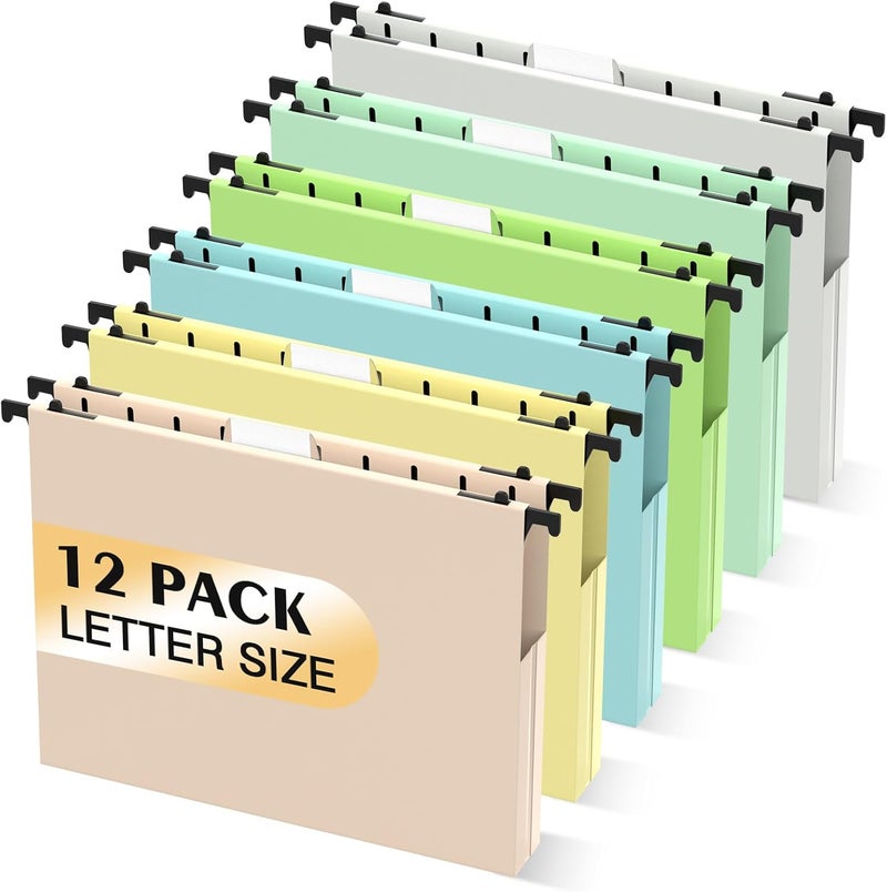SHUTEX Extra Capacity Plastic Hanging File Folder,12 Pack Reinforced Hang Folders Letter Size, Heavy Duty 1'' Expansion, Filing Cabinet Folders for Bulk Files, Medical Charts, Pastel Colors - Image 1